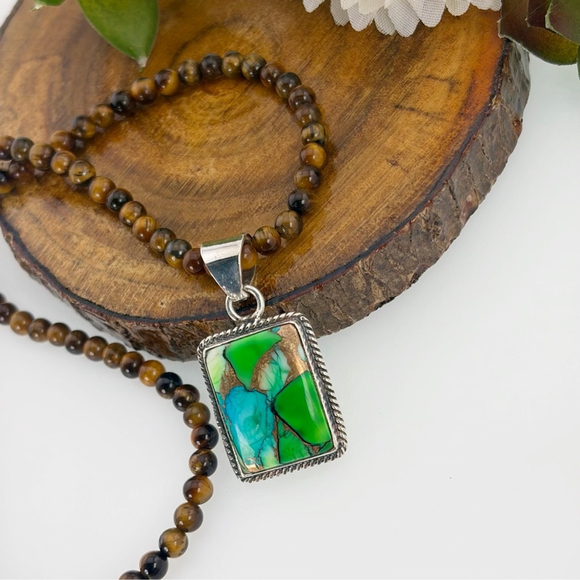 Sterling Silver 925 Peacock Dahlia Turquoise Pendant Tiger Eye Necklace - Picture 4 of 7